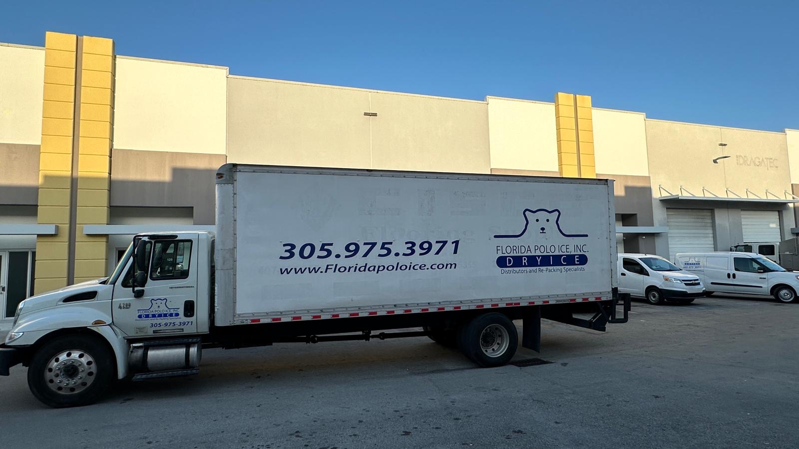 Florida Polo Ice branded delivery truck and vans at our warehouse